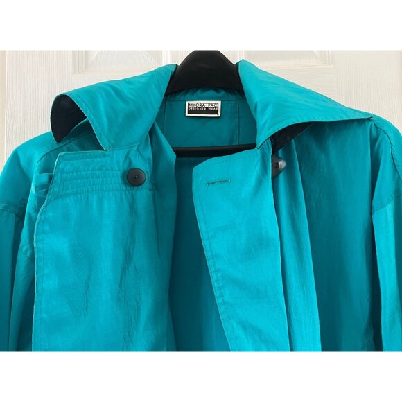 Vtg MYCRA PAC Designer Wear Raincoat Coat Hooded Turquoise & Black Teflon Fabric - Picture 8 of 10